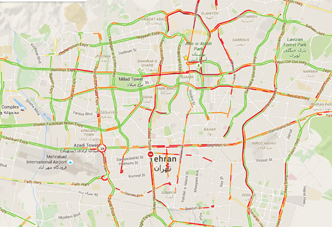 ترافیک آنلاین تهران روی گوگل مپس